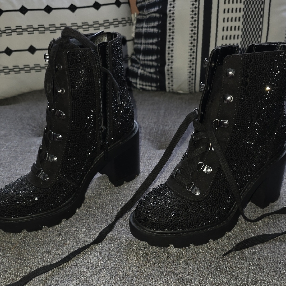 INC International Concepts Black Glitter Lace-Up Boots